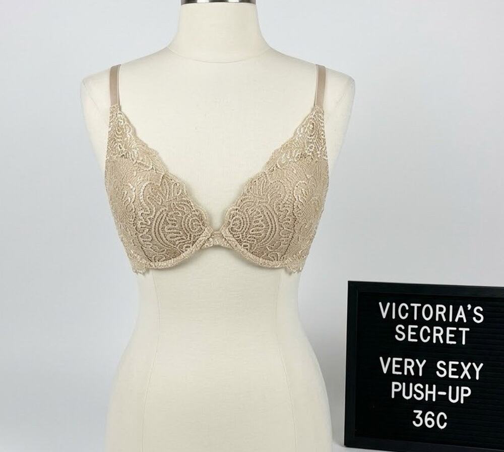 VTG Victoria's Secret Very Sexy Push-Up Without Padding Bra 36C Beige Gold Lace